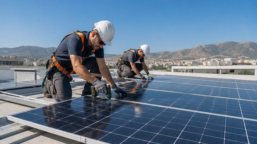 Instalación de paneles solares en la cubierta de un edificio