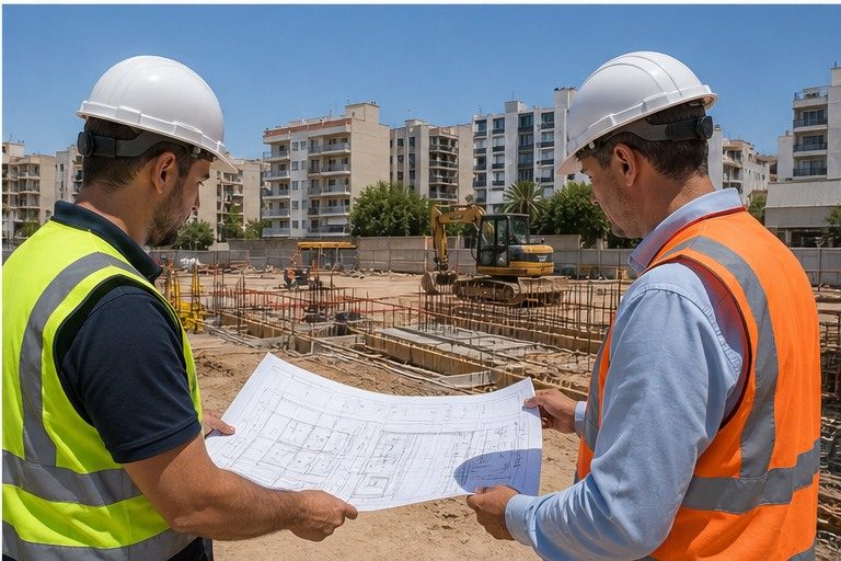 Técnicos de ACCINT revisando los planos de una obra