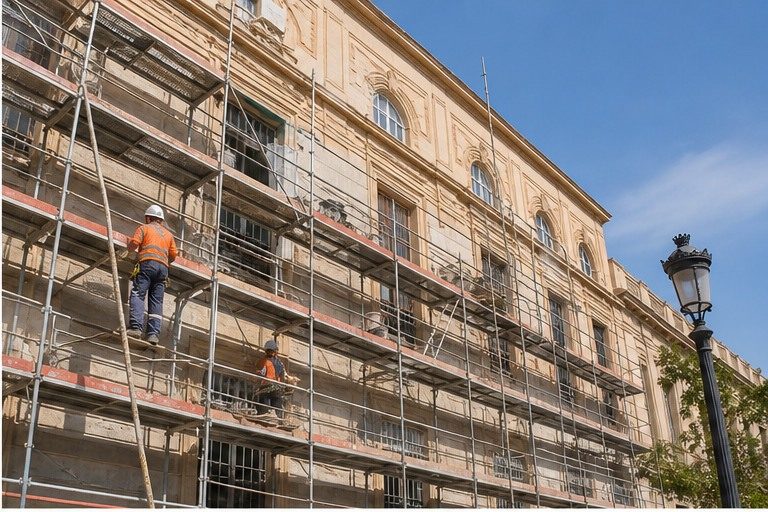 Rehabilitación de la fachada de un edificio público con andamios