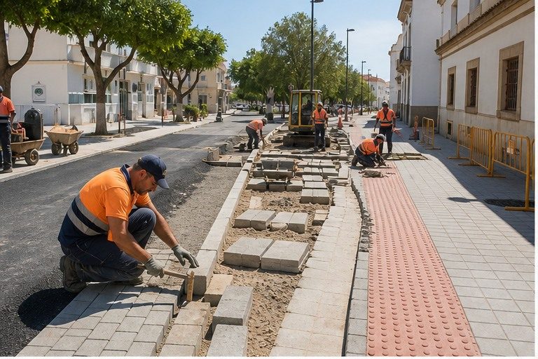 Operarios renovando la acera y el pavimento táctil de una calle